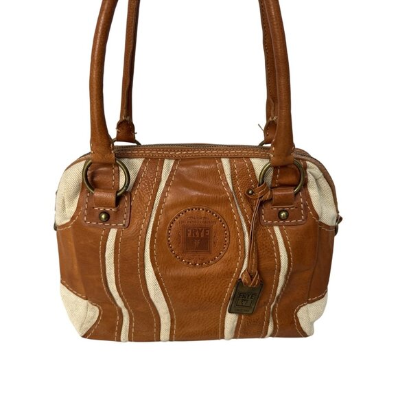 Frye Tan Leather & Canvas Mini Satchel Handbag With Double Handles & Zipper Clos - Picture 1 of 16